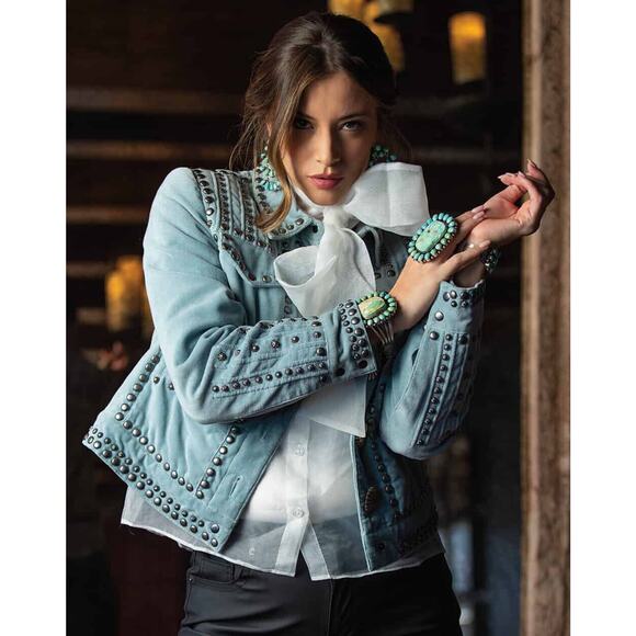 Double D Ranch Balcones Blue Velvet Inez Jacket NWT 2X Conchos Studs Pockets - Picture 2 of 16